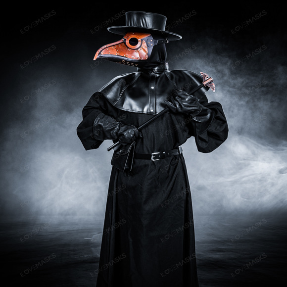 Plague Doctor with Large Bird Mask & Flat Hat Full Costume Set - Brown